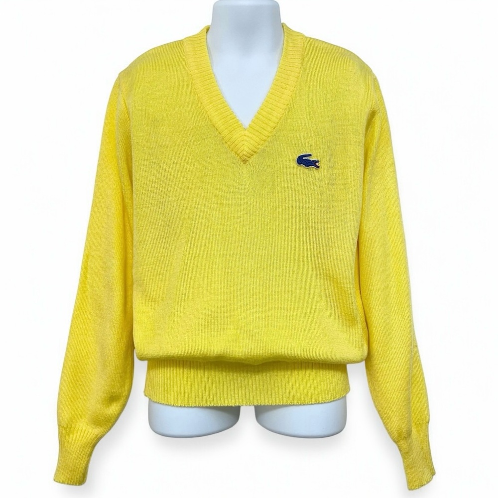 Izod Lacoste Vintage 70s Kids Bright Yellow V-Neck Alligator Logo Sweater Size 8